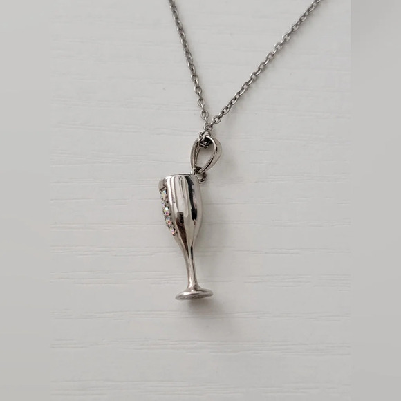 Sterling Silver CZ Rhinestone Champagne Glass Pendant Necklace NEW - Picture 3 of 5